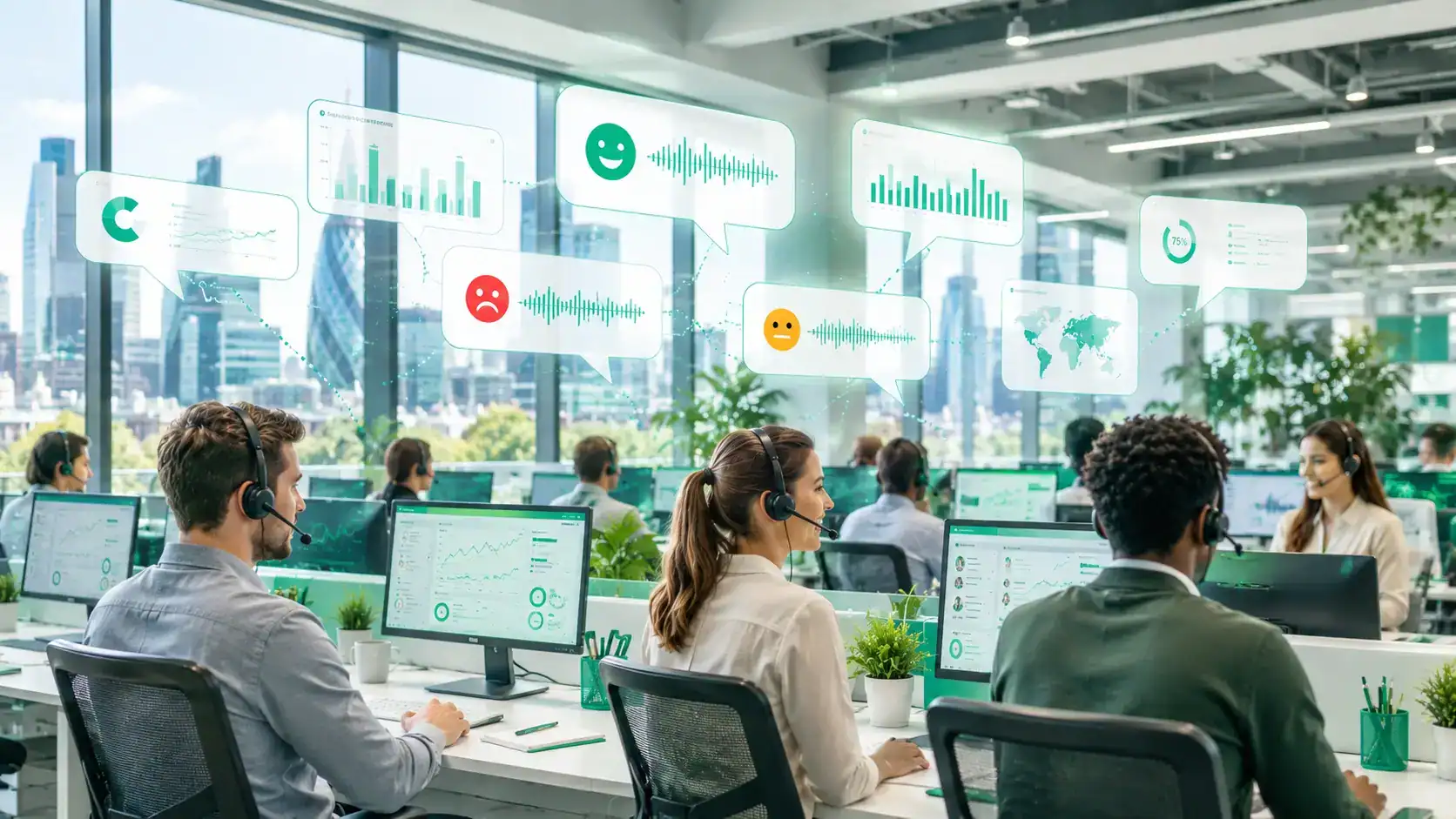 AI-powered speech analytics in a modern UK contact centre with live sentiment and conversation analysis overlays