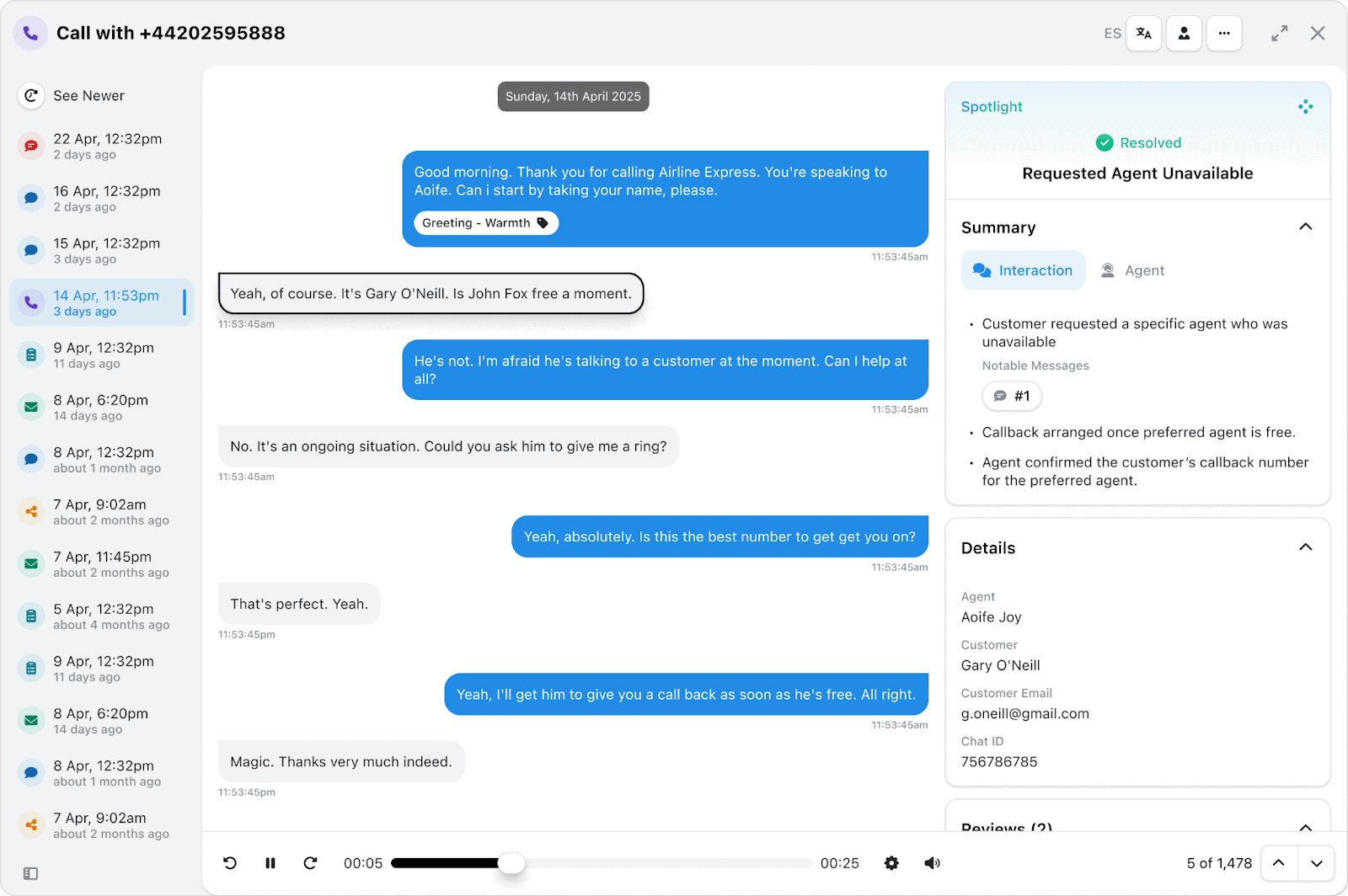 Synchronised call transcripts